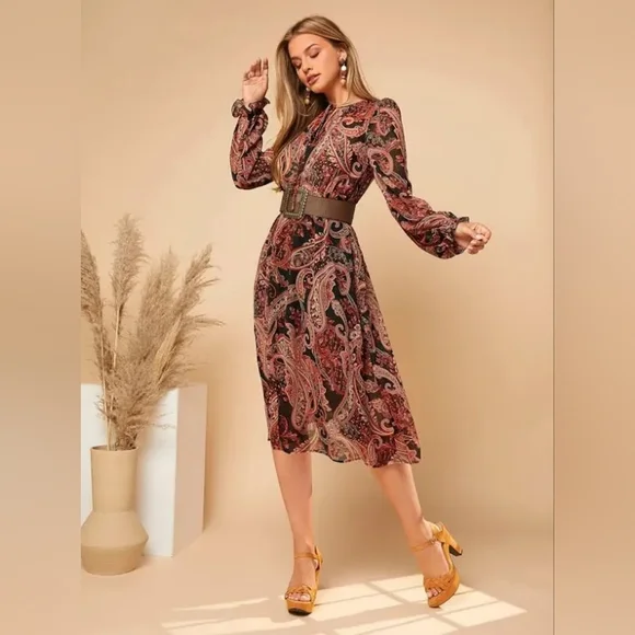 Shein Rust & Black Paisley Midi-Dress, Wide Belt, Bishop Sleeves Sz 12,XL, NWOT - Picture 2 of 13